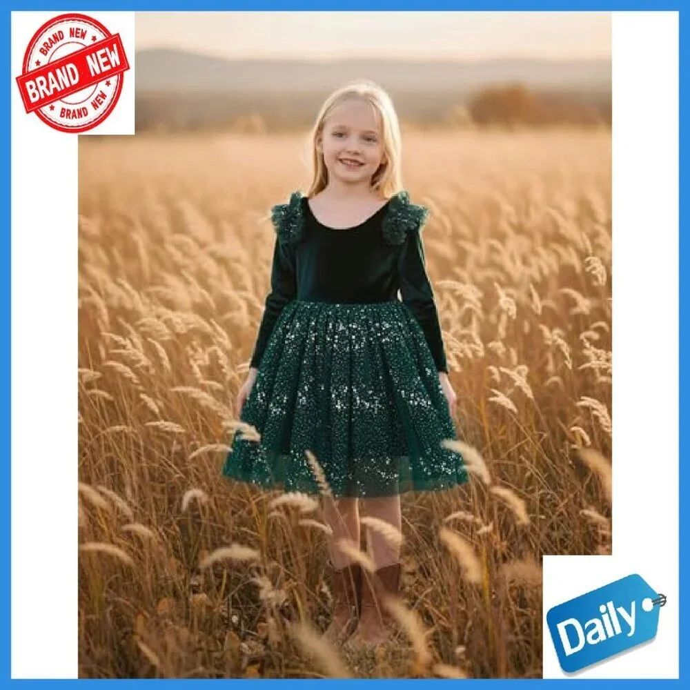 Velvet Tulle Sequin Tutu Dress Long Sleeve A-Line Kids Holiday Party